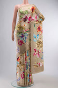 Beige Satin Silk Saree with Floral Print on the body and Without Border displayed on a mannequin