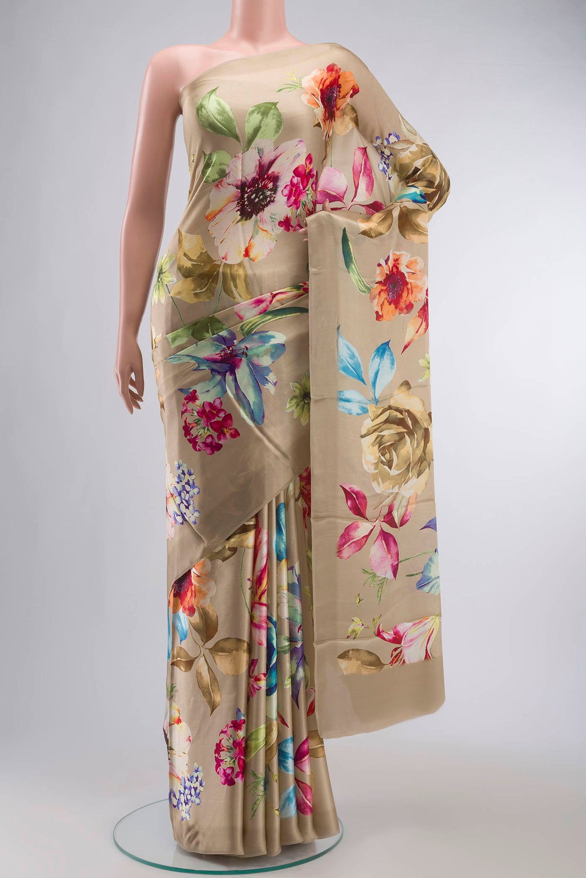 Beige Satin Silk Saree with Floral Print on the body and Without Border displayed on a mannequin