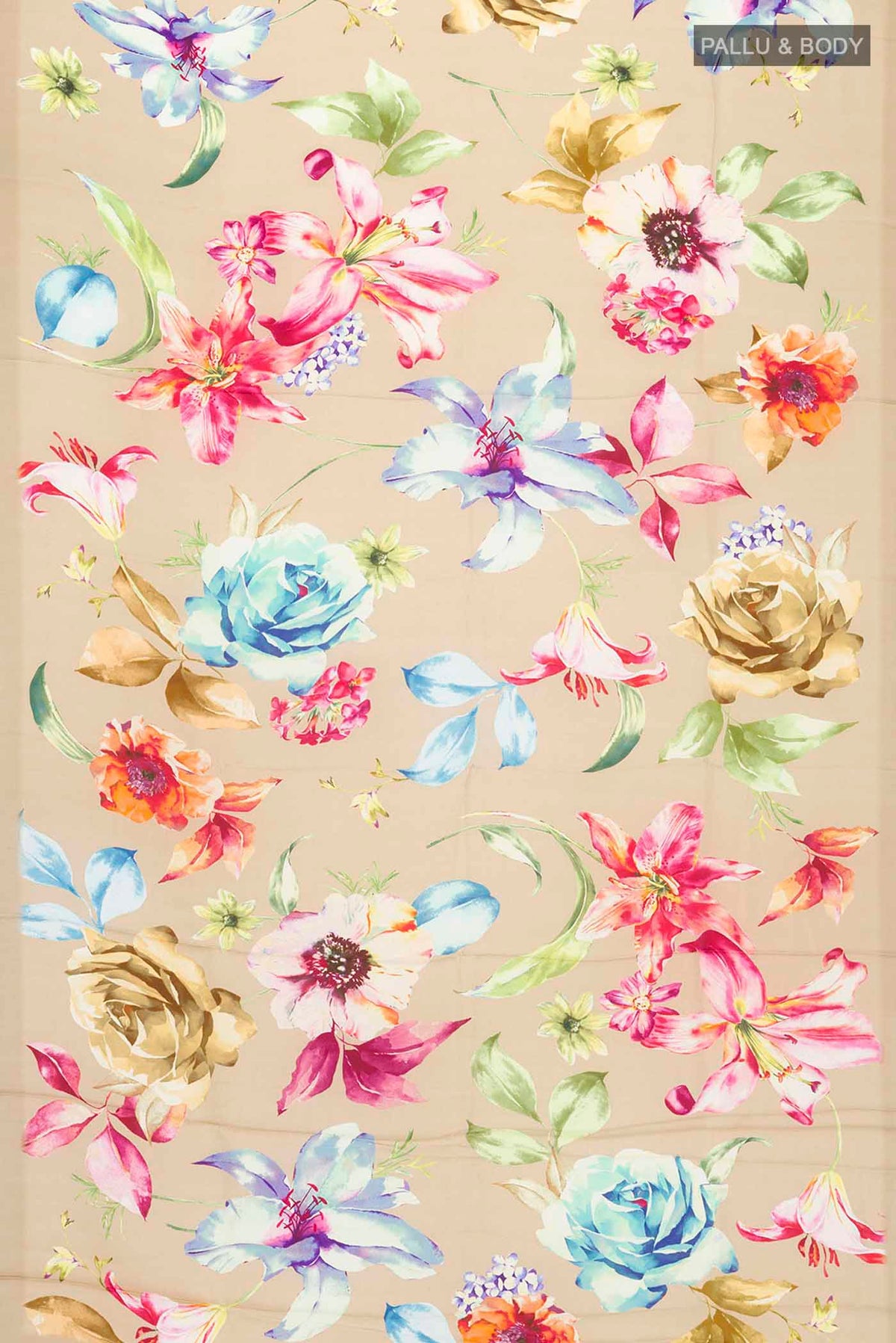 Flat view of Beige Satin Silk Saree with Floral Print on the body and Without Border