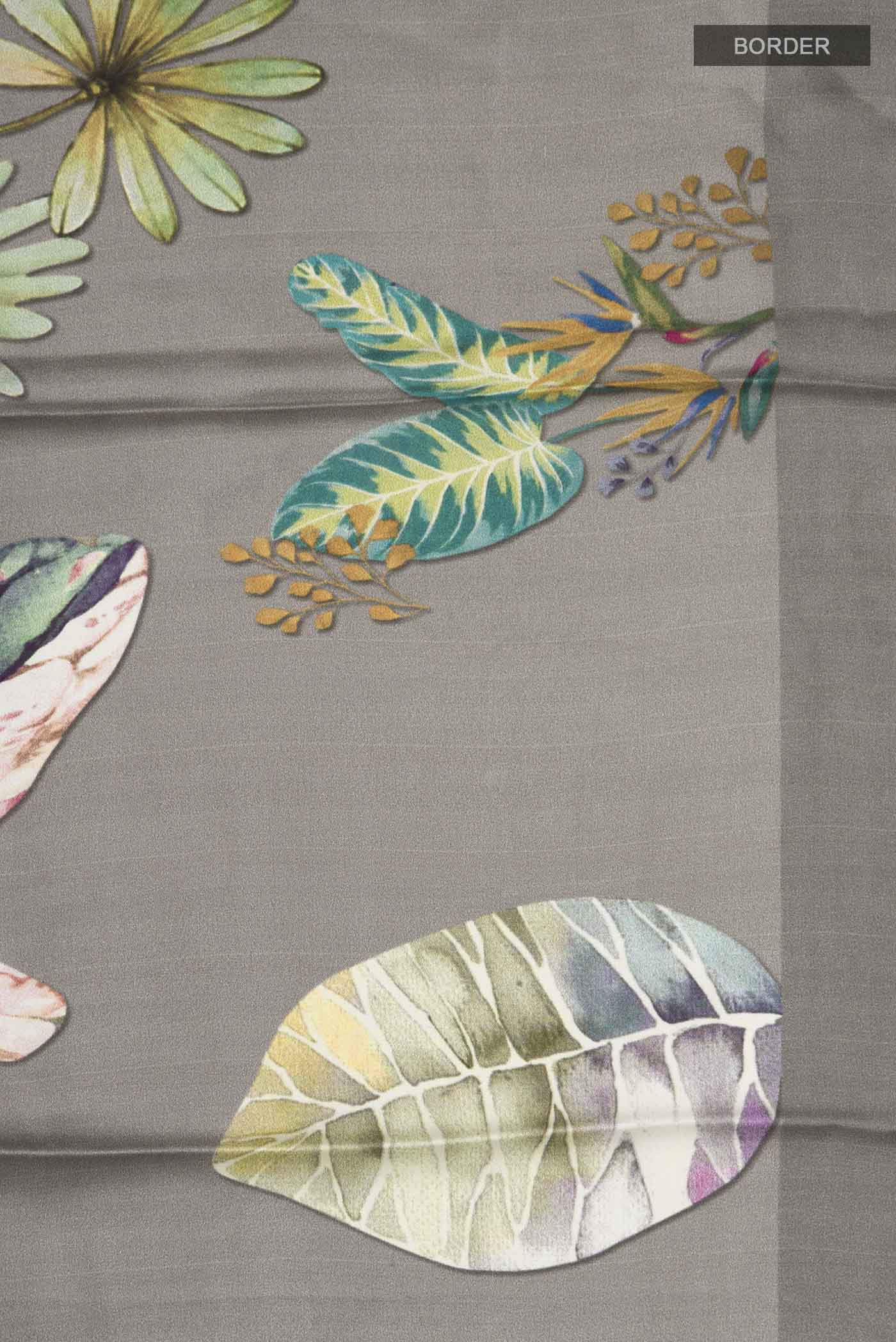 Border image of Grey Satin Silk Saree with Floral Print on the body and Without Border