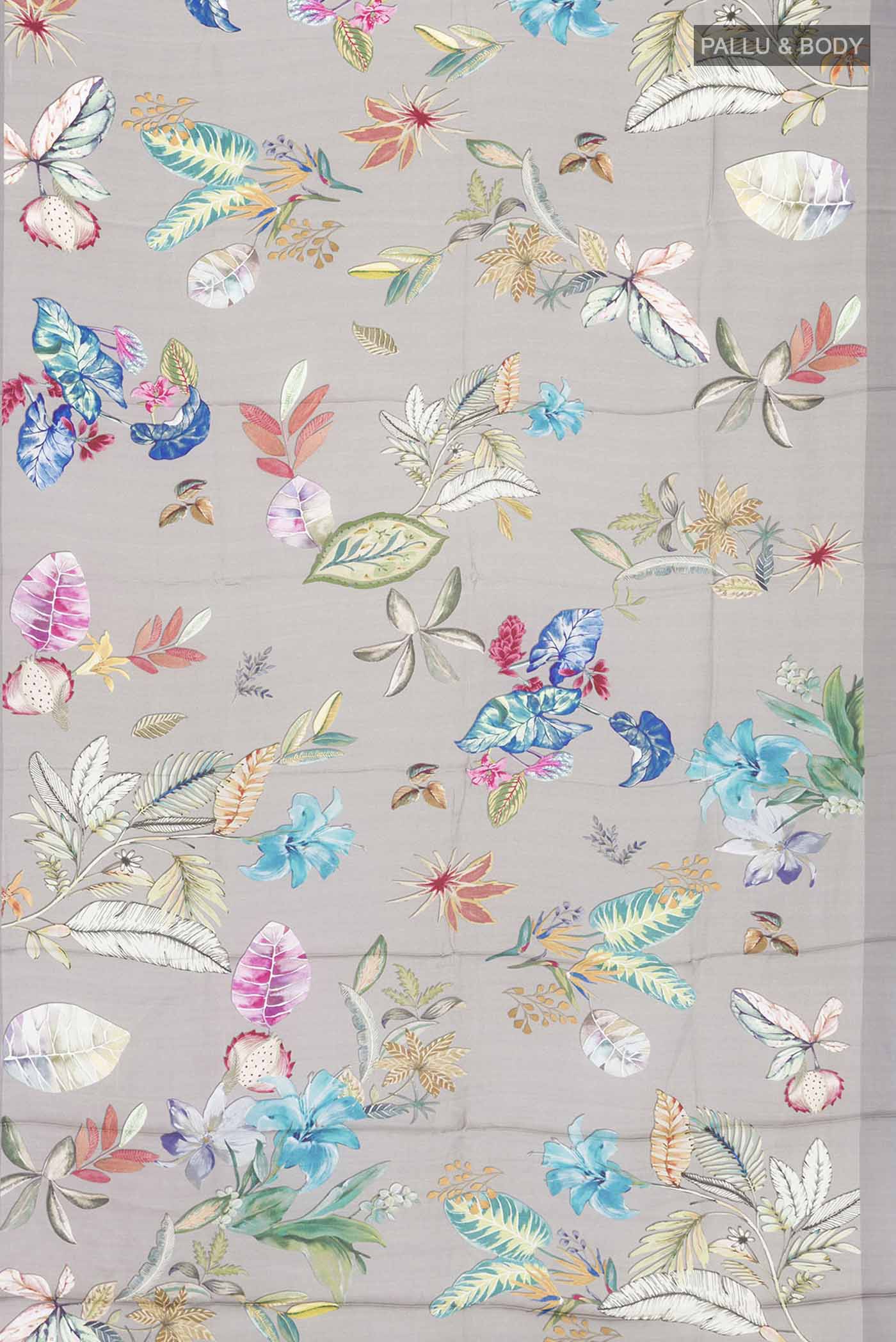 Flat view of Grey Satin Silk Saree with Floral Print on the body and Without Border