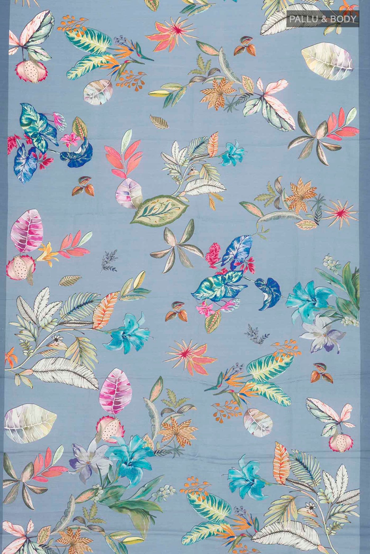 Flat view of Blue Satin Silk Saree with Printed design on the body and Plain Border