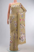 Beige Mysore Crepe Saree with Floral Print on the body and Plain Border displayed on a mannequin