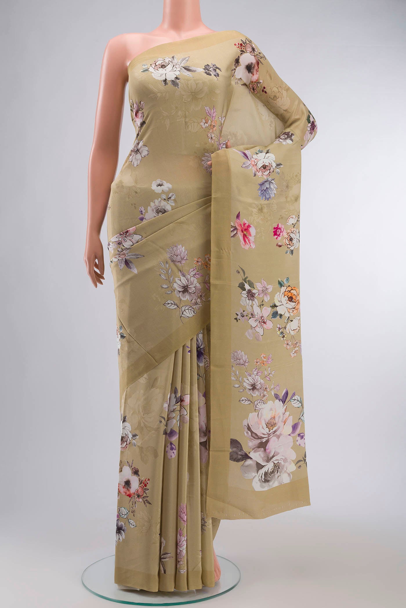 Beige Mysore Crepe Saree with Floral Print on the body and Plain Border displayed on a mannequin