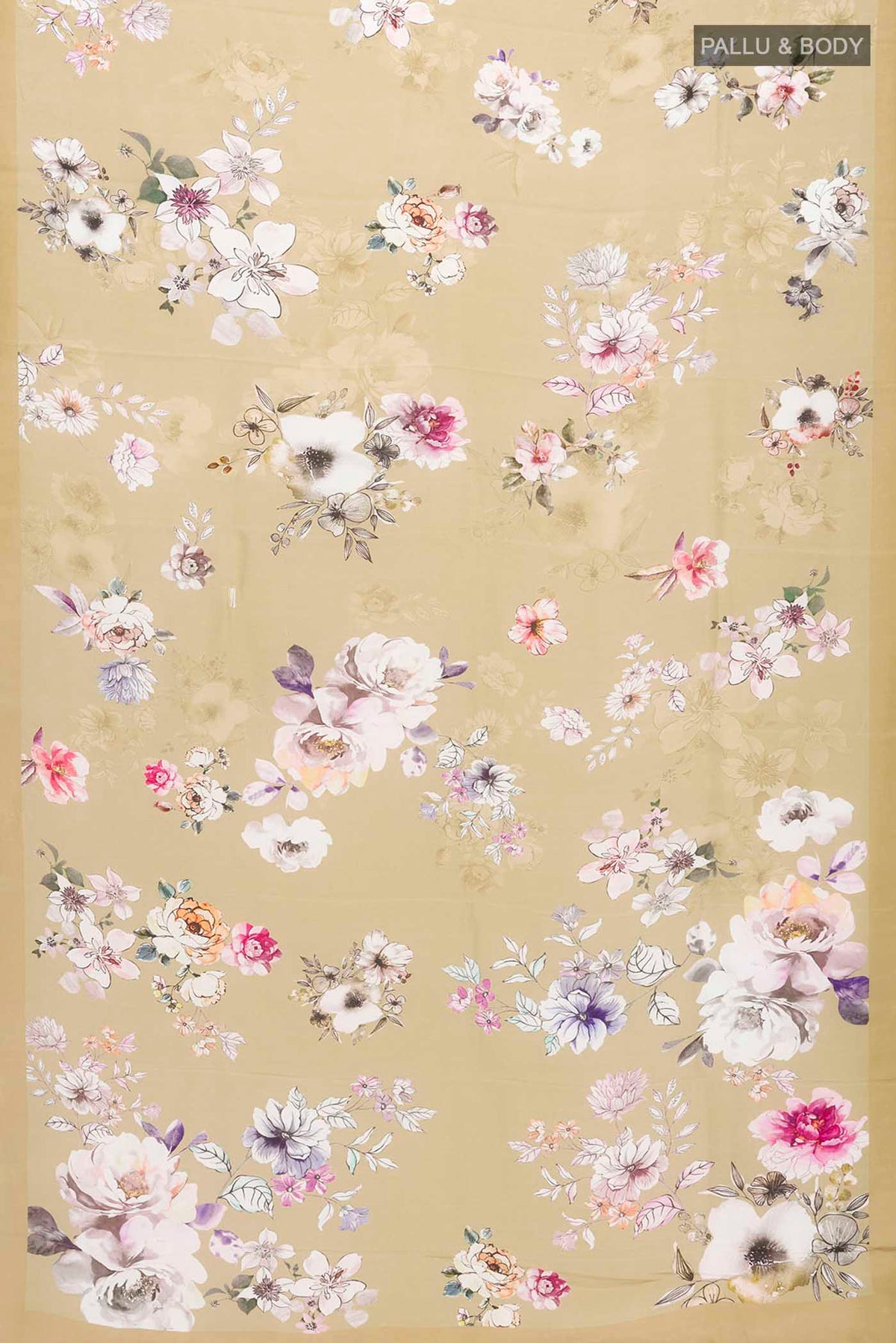 Flat view of Beige Mysore Crepe Saree with Floral Print on the body and Plain Border