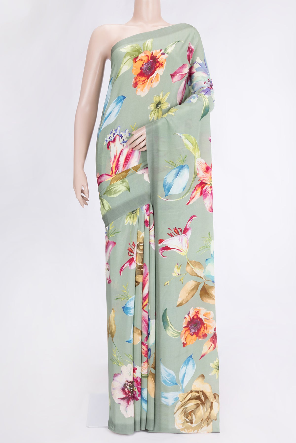 Pista Green Dual Tone Mysore Crepe Saree with Printed design on the body and Without Border.  displayed on a mannequin