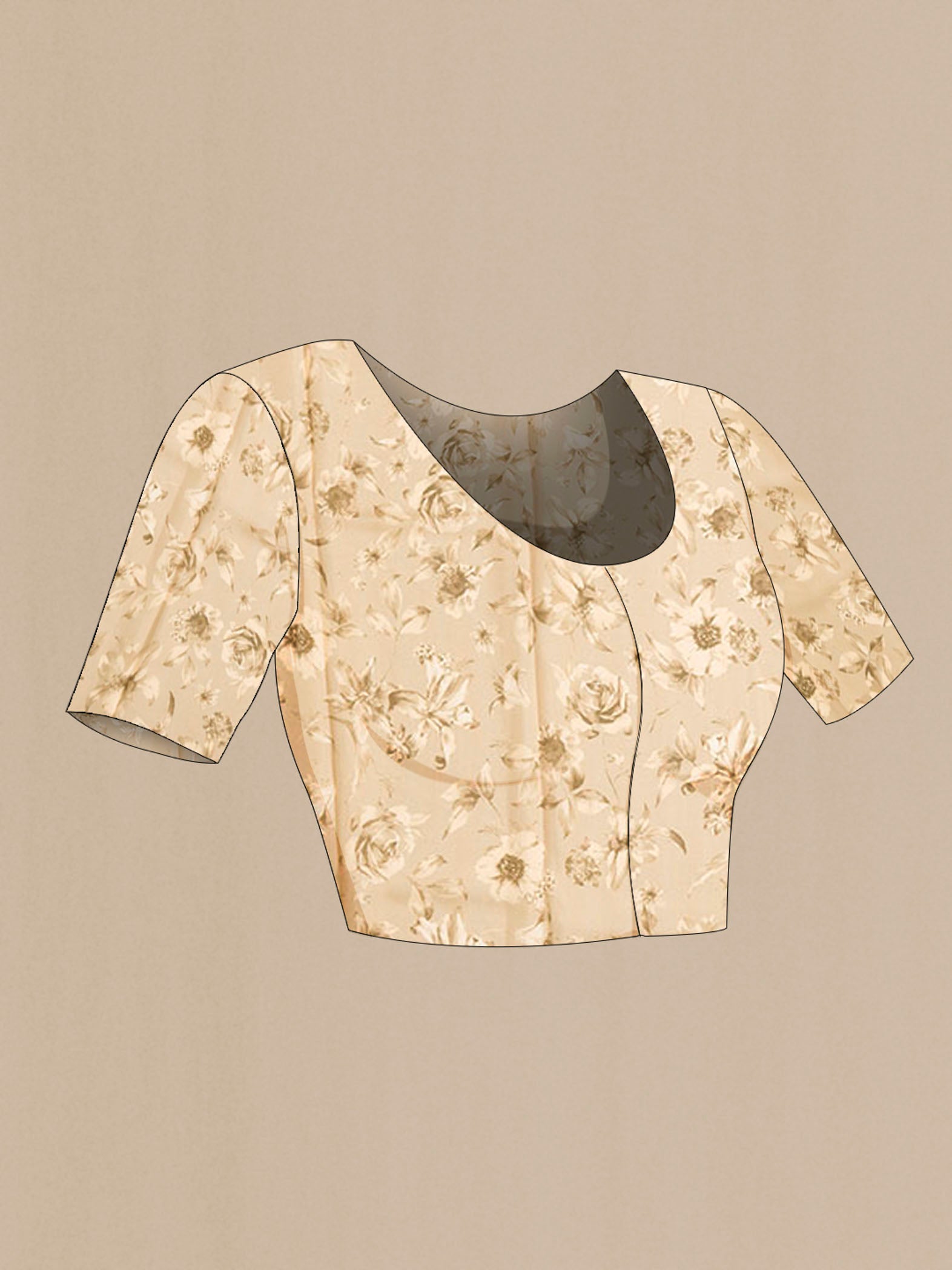 Close up image of the blouse of Beige Mysore Crepe Saree with Printed design on the body and Plain Border