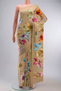 Beige Mysore Crepe Saree with Printed design on the body and Plain Border displayed on a mannequin
