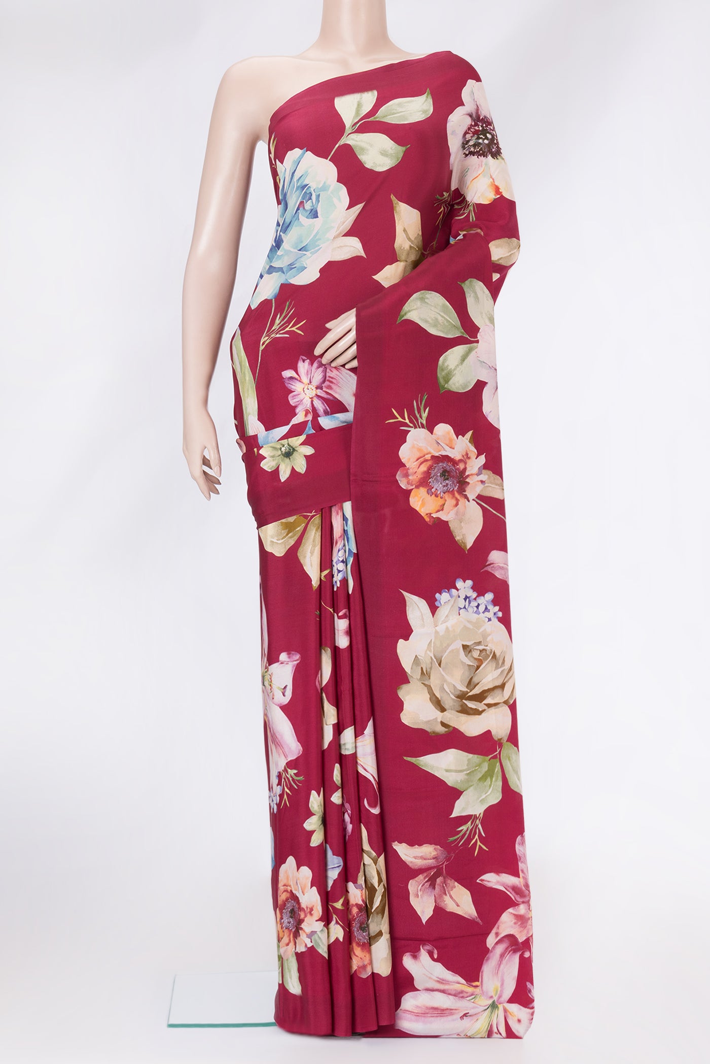 Maroon Dual Tone Mysore Crepe Saree with Printed design on the body and Plain Border.  displayed on a mannequin
