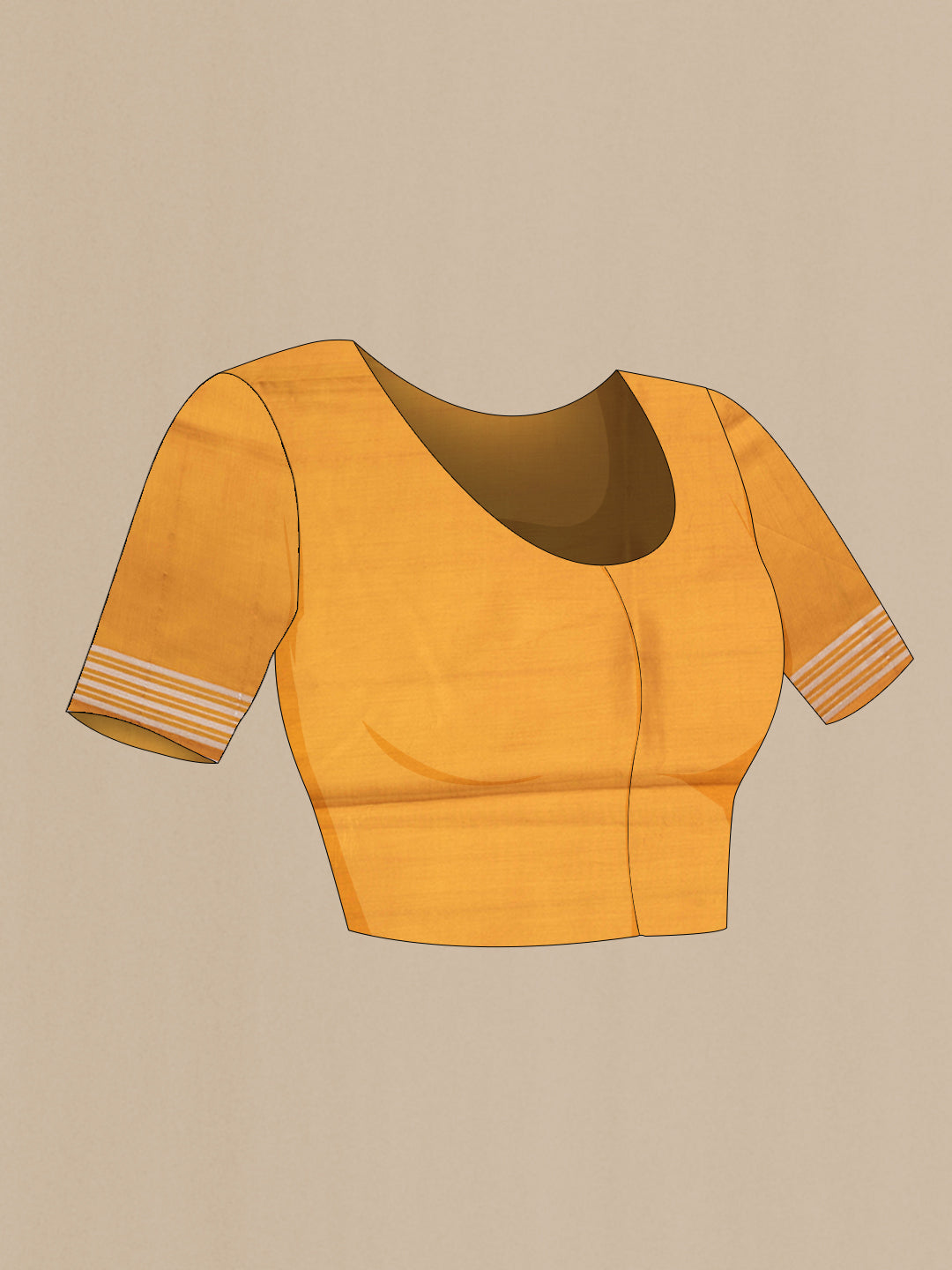 Close up image of the blouse of Mustard Dual Tone Tussar Silk Saree with Zari Butta on the body and Zari Border. 