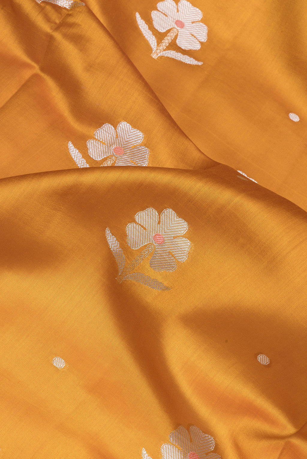 Close up of Mustard Dual Tone Tussar Silk Saree with Zari Butta on the body and Zari Border.  displaying folds