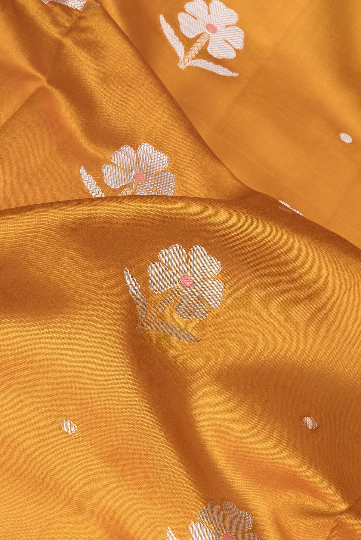 Close up of Mustard Dual Tone Tussar Silk Saree with Zari Butta on the body and Zari Border.  displaying folds