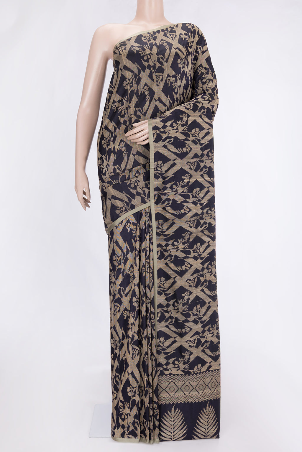 Navy Blue Dual Tone Tussar Silk Saree with Jacquard design on the body and Plain Border.  displayed on a mannequin