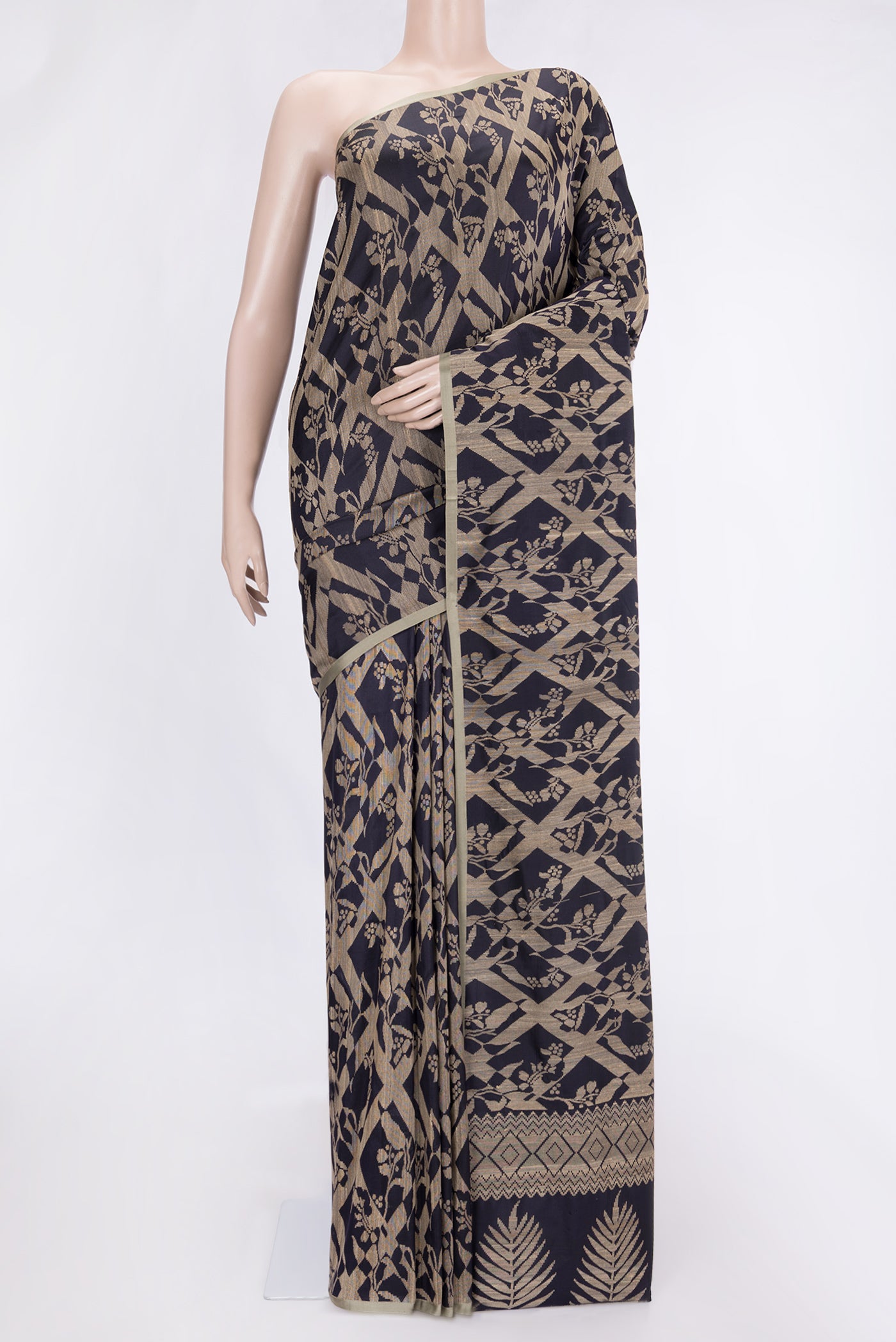 Navy Blue Dual Tone Tussar Silk Saree with Jacquard design on the body and Plain Border.  displayed on a mannequin