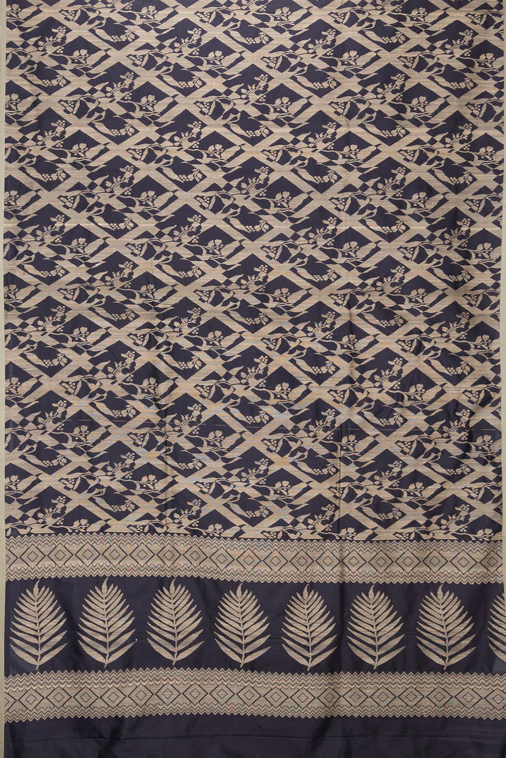 Flat view of Navy Blue Dual Tone Tussar Silk Saree with Jacquard design on the body and Plain Border. 