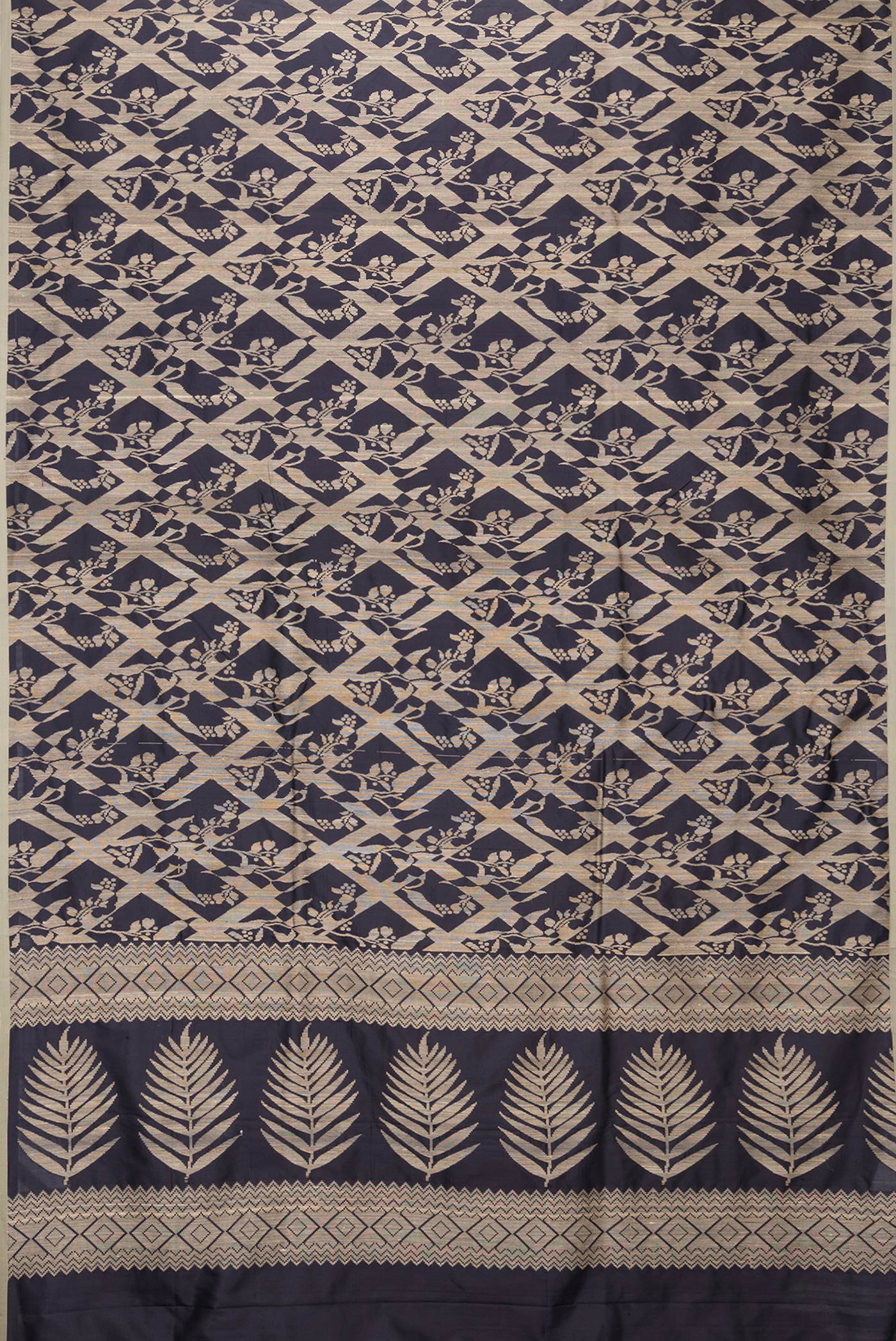 Flat view of Navy Blue Dual Tone Tussar Silk Saree with Jacquard design on the body and Plain Border. 