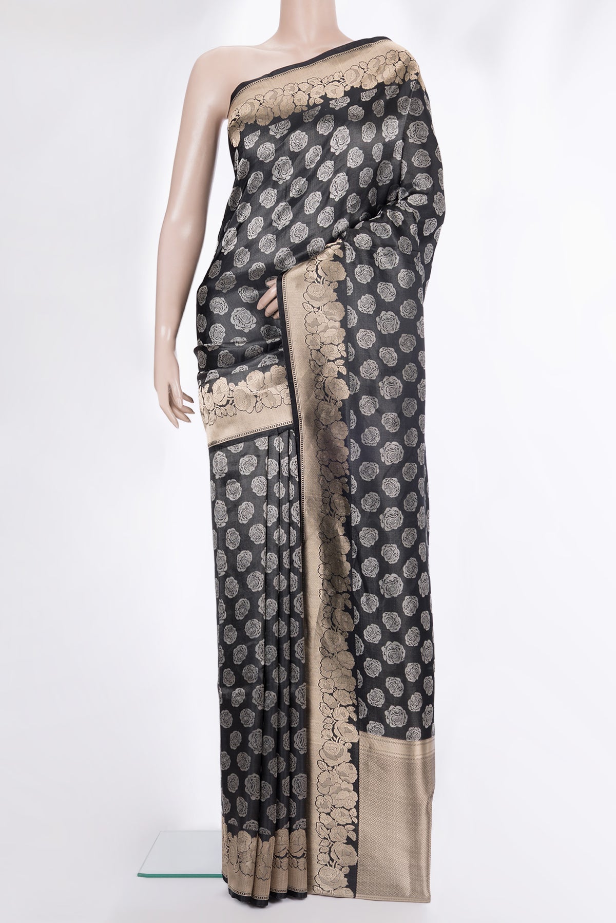 Pure Silk Black Banarasi Saree with Zari Brocade on the body and Fancy Border.  displayed on a mannequin