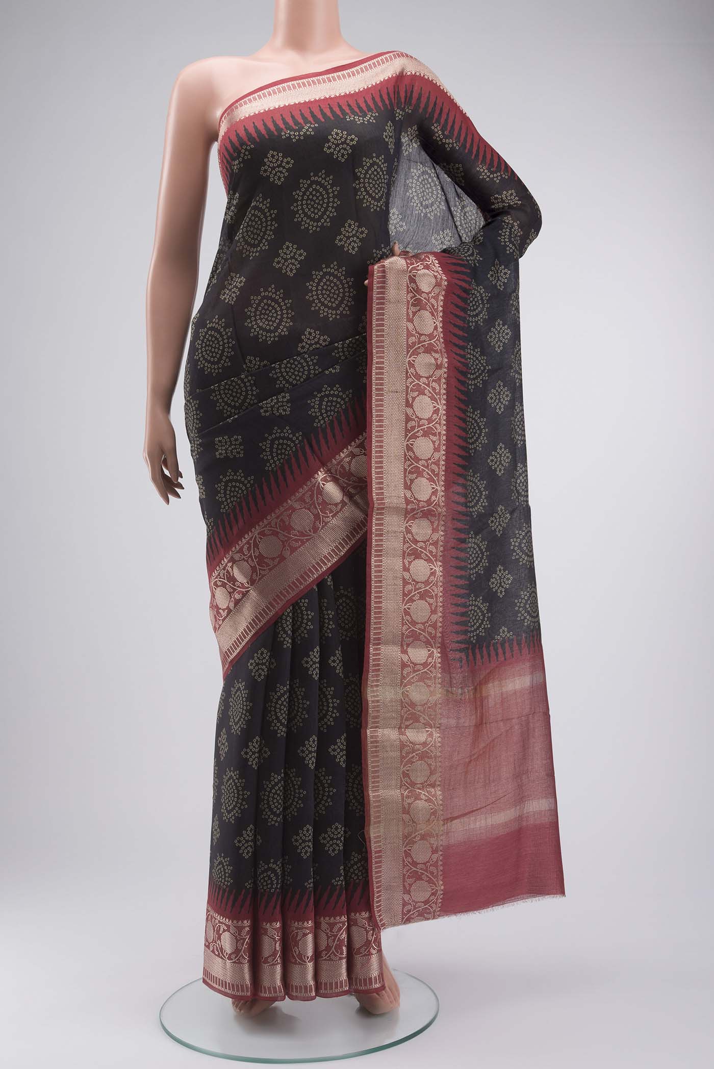 Black Bhagalpuri Tussar Silk Saree with Printed design on the body and Zari Border displayed on a mannequin