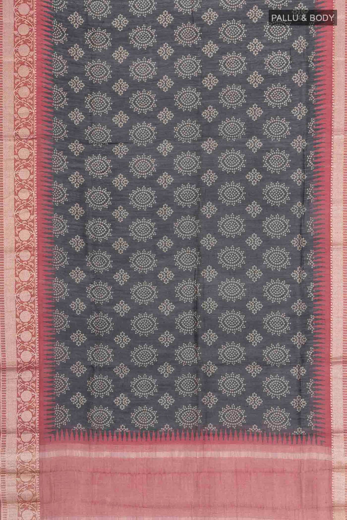 Flat view of Black Bhagalpuri Tussar Silk Saree with Printed design on the body and Zari Border