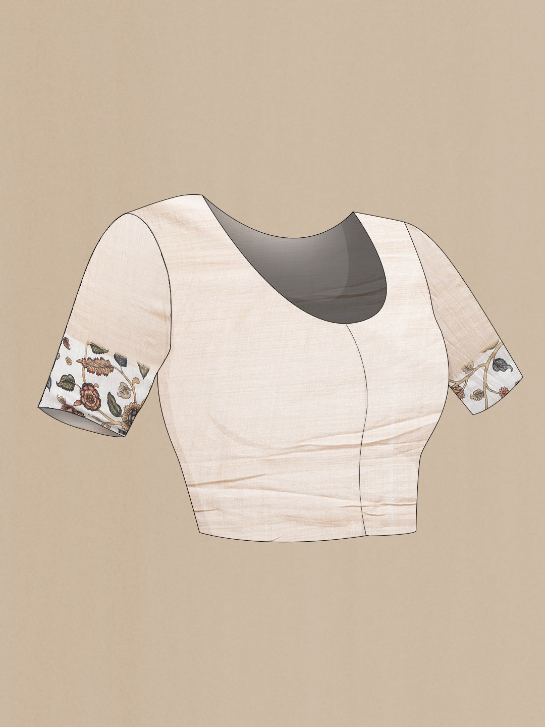Close up image of the blouse of Beige Dual Tone Tussar Silk Saree with Plain Body and Printed Border. 