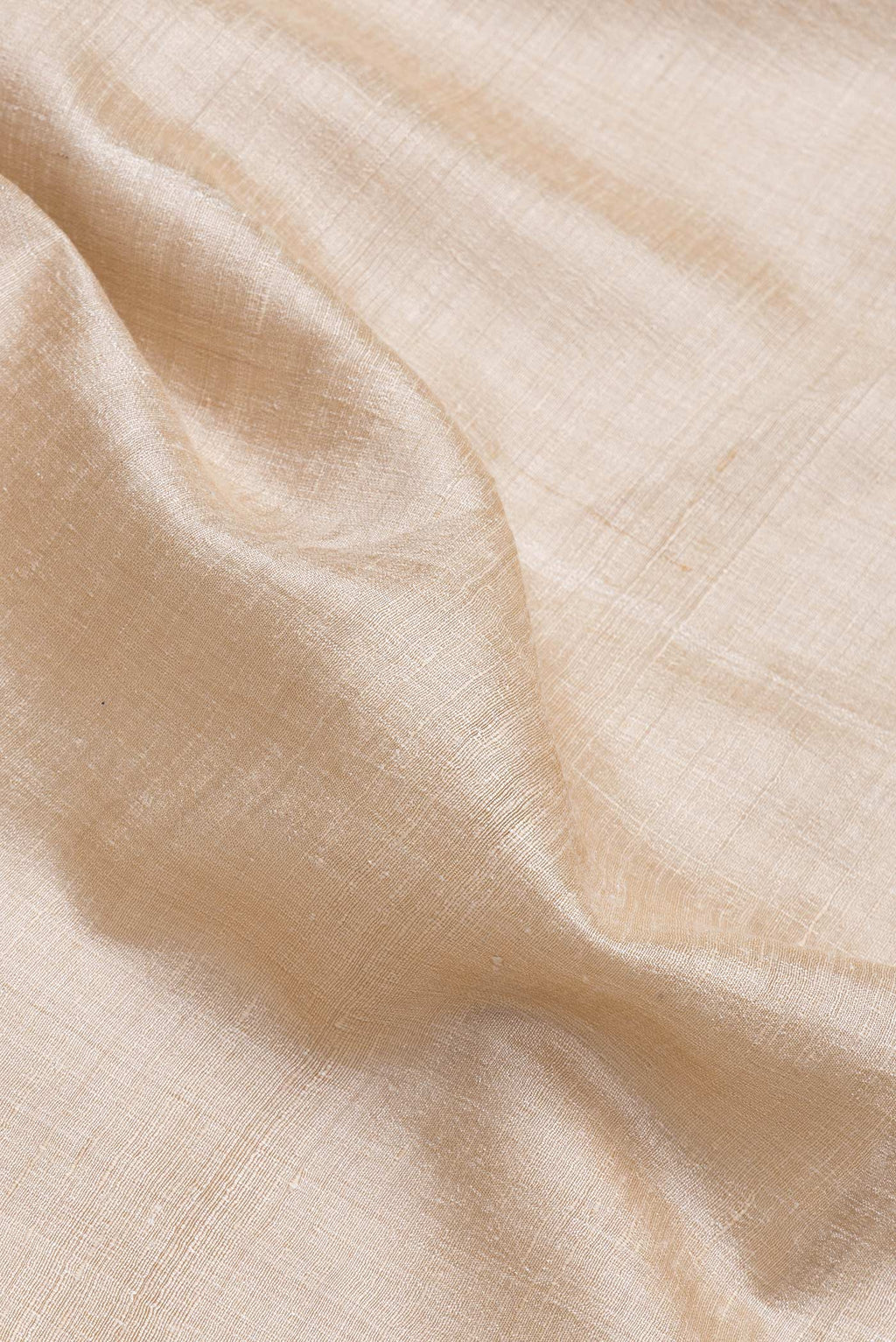 Close up of Beige Dual Tone Tussar Silk Saree with Plain Body and Printed Border.  displaying folds