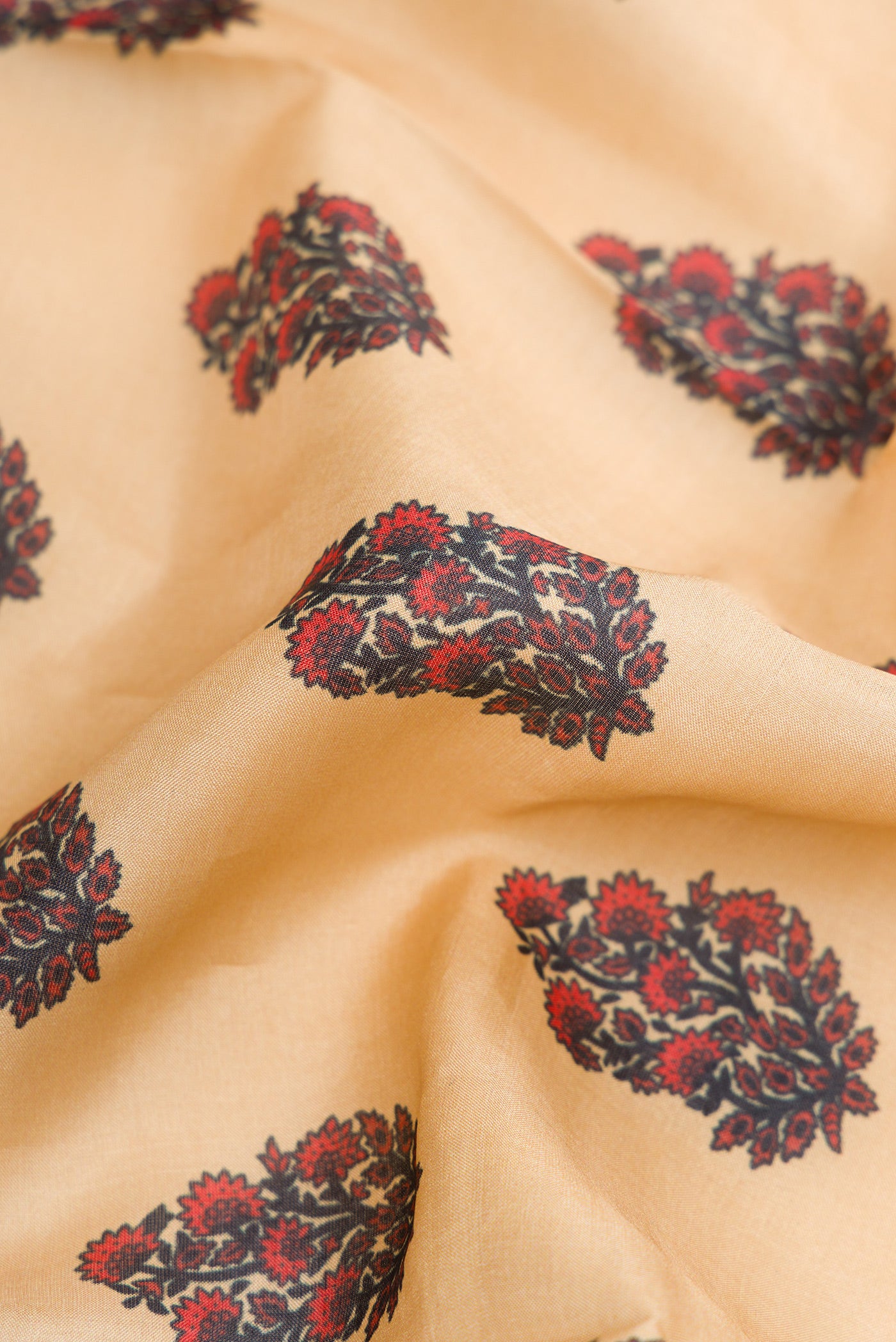 Close up of Sandal Dual Tone Tussar Silk Saree with Printed design on the body and Printed Border.  displaying folds