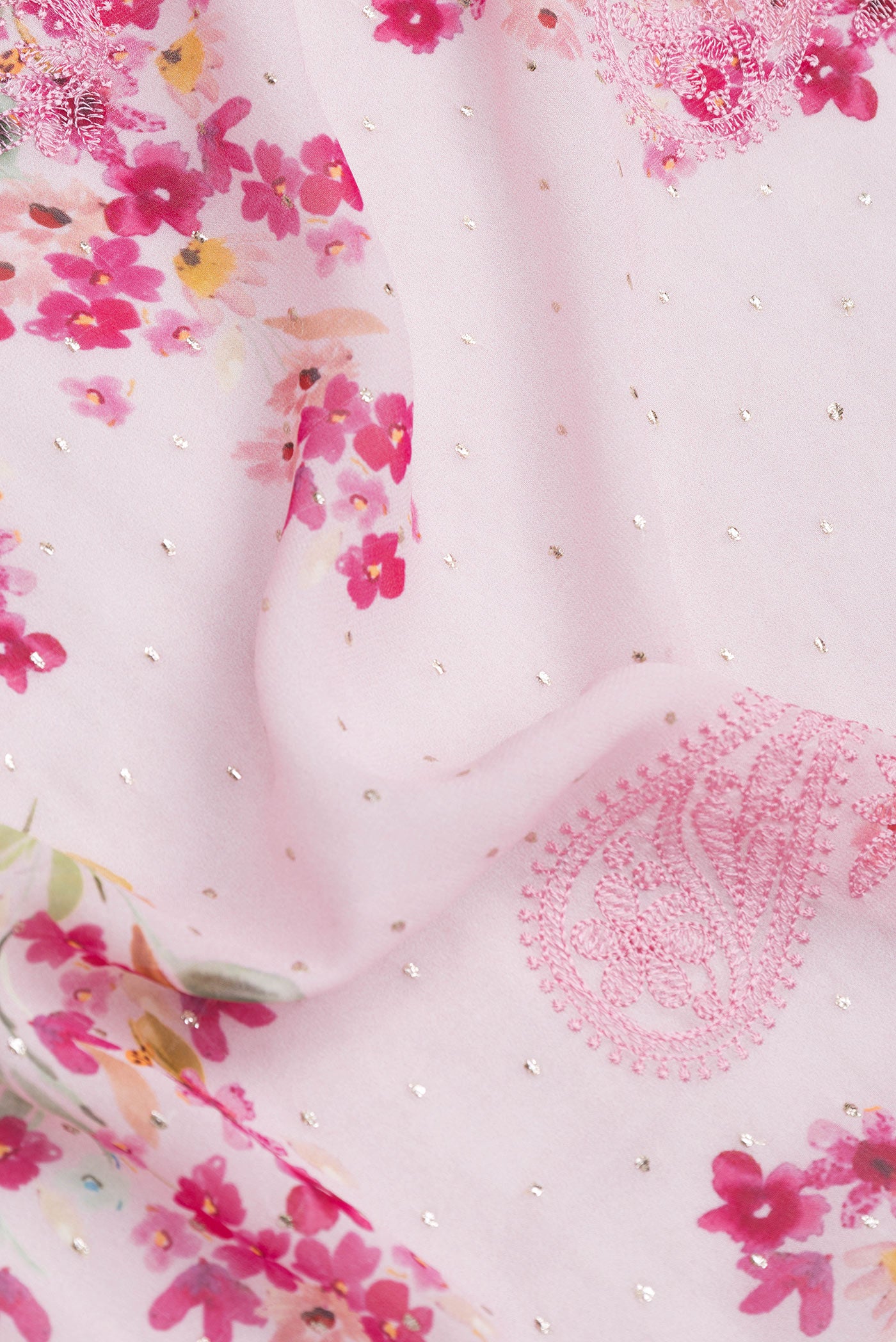 Close up of Pink Dual Tone Mysore Georgette Saree with Embroidery on the body and Embroidery Border.  displaying folds