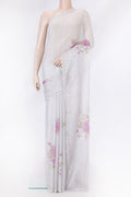 Grey Dual Tone Georgette Saree with Embroidery on the body and Embroidery Border.  displayed on a mannequin