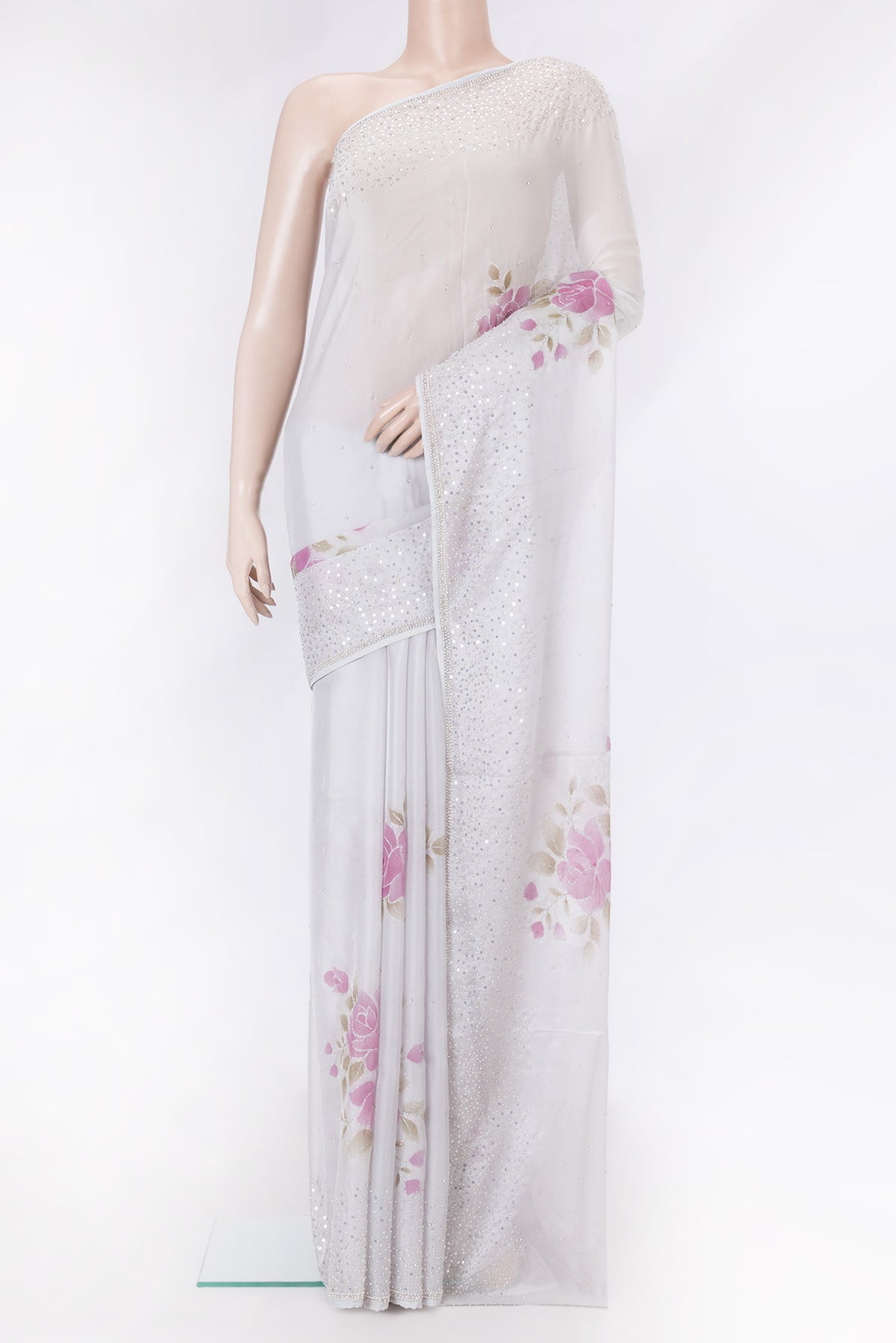 Grey Dual Tone Georgette Saree with Embroidery on the body and Embroidery Border.  displayed on a mannequin