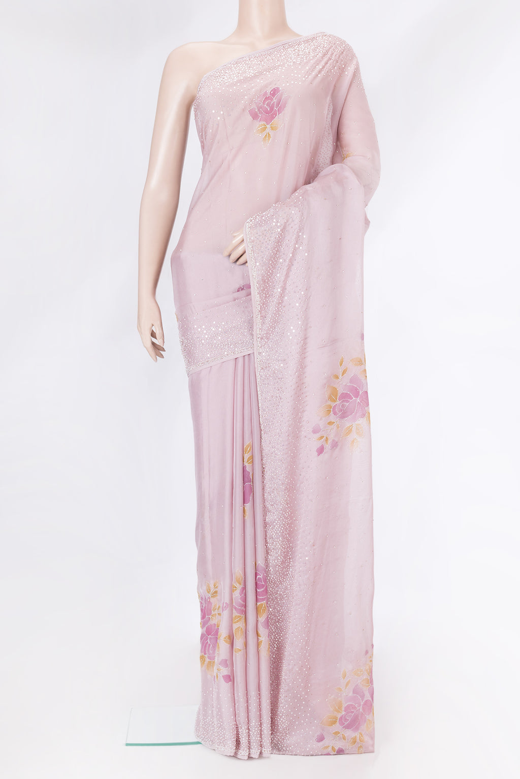 Pink Dual Tone Georgette Saree with Embroidery on the body and Embroidery Border.  displayed on a mannequin