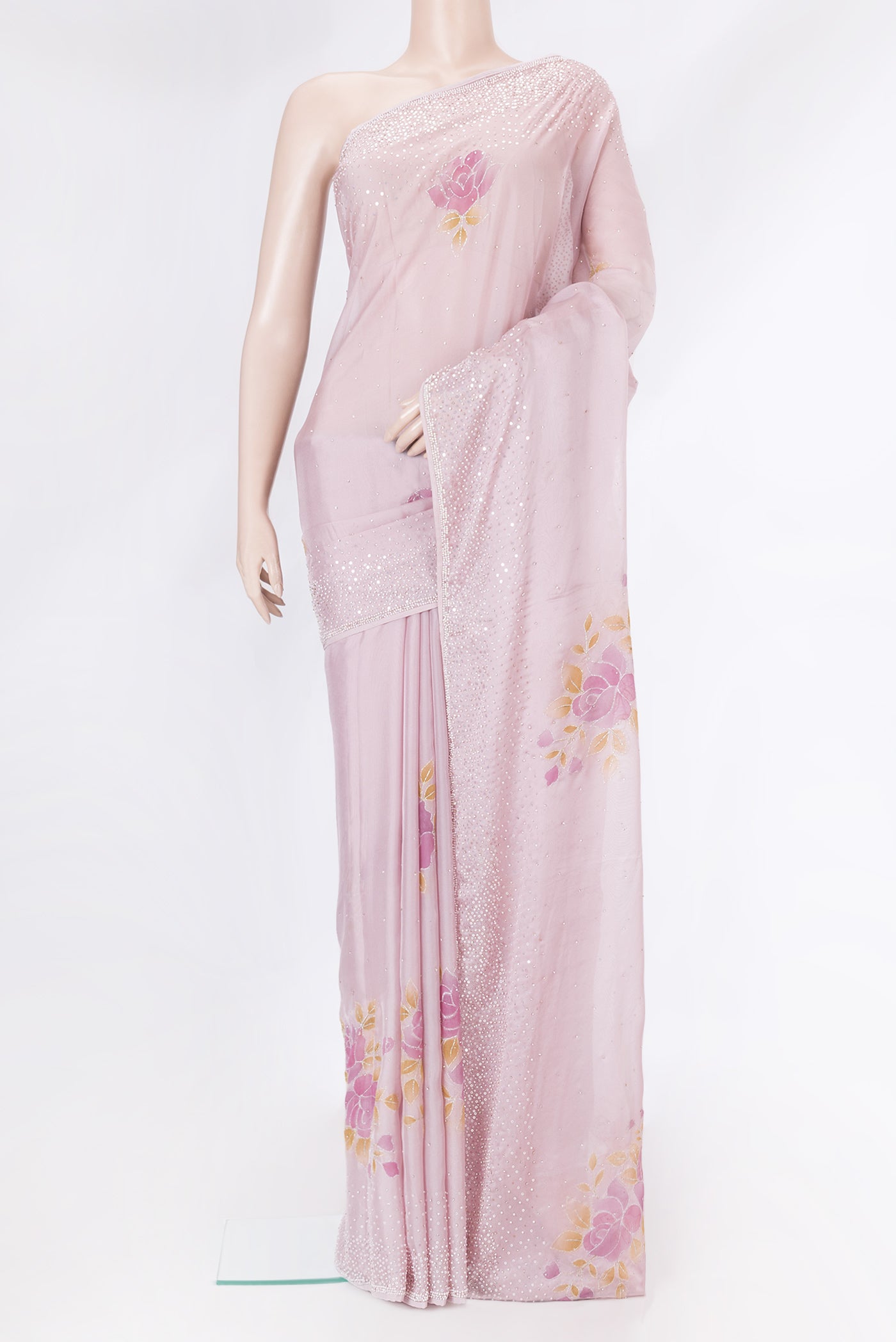 Pink Dual Tone Georgette Saree with Embroidery on the body and Embroidery Border.  displayed on a mannequin