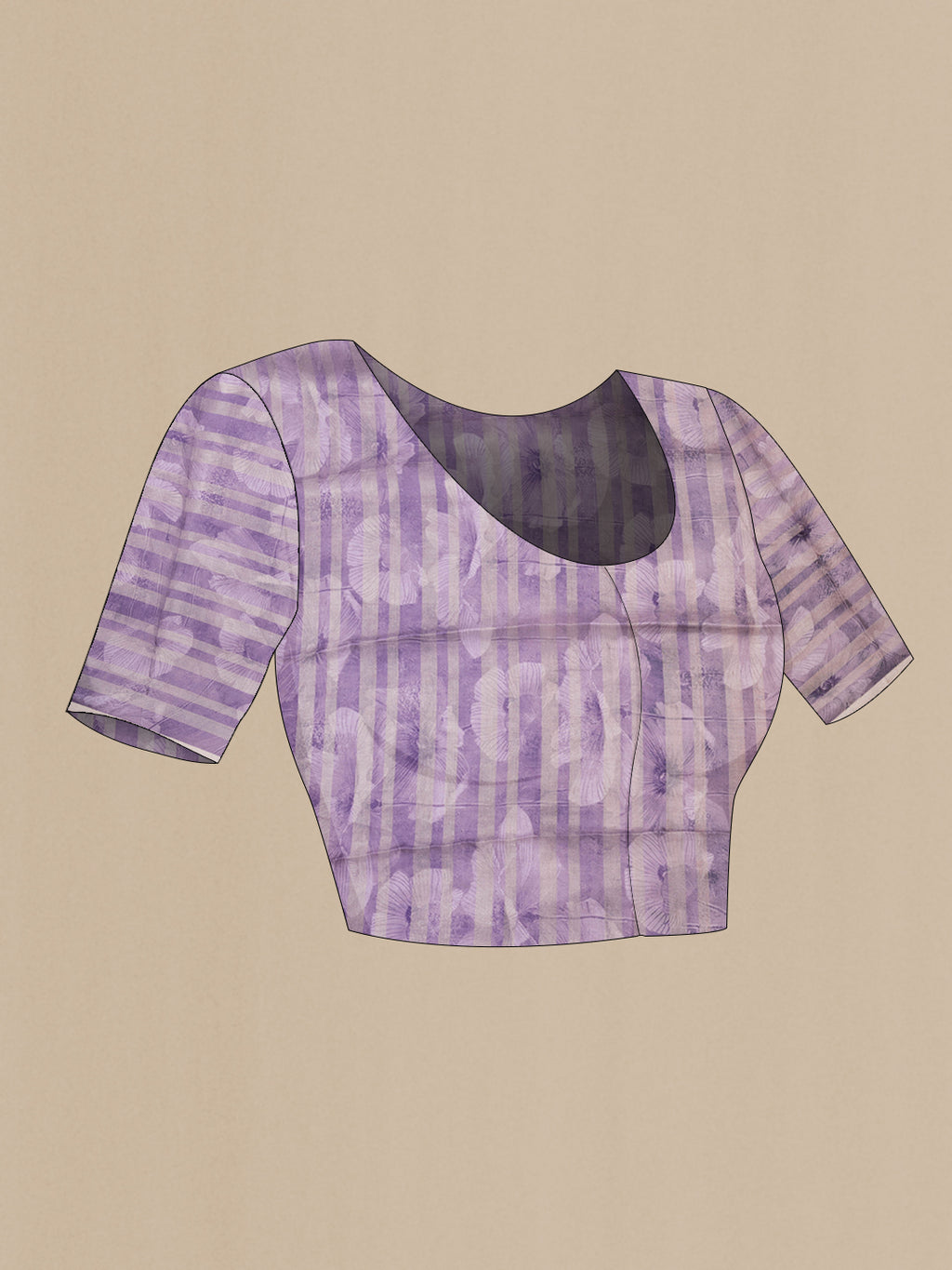 Close up image of the blouse of Lavender Dual Tone Tussar Silk Saree with Printed design on the body and Zari Border. 
