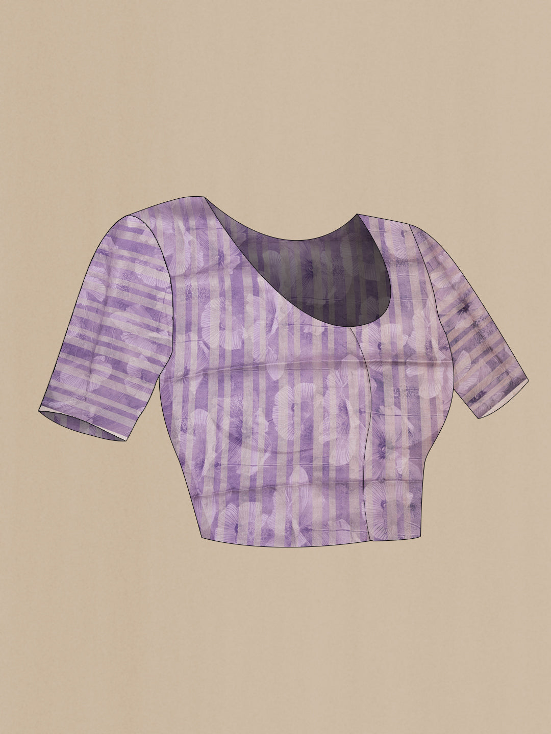 Close up image of the blouse of Lavender Dual Tone Tussar Silk Saree with Printed design on the body and Zari Border. 