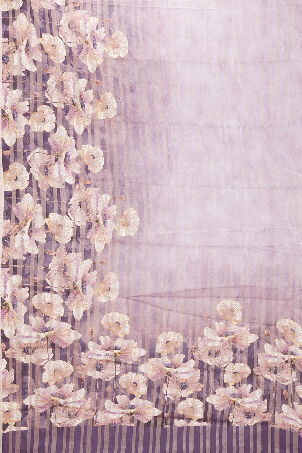 Flat view of Lavender Dual Tone Tussar Silk Saree with Printed design on the body and Zari Border. 