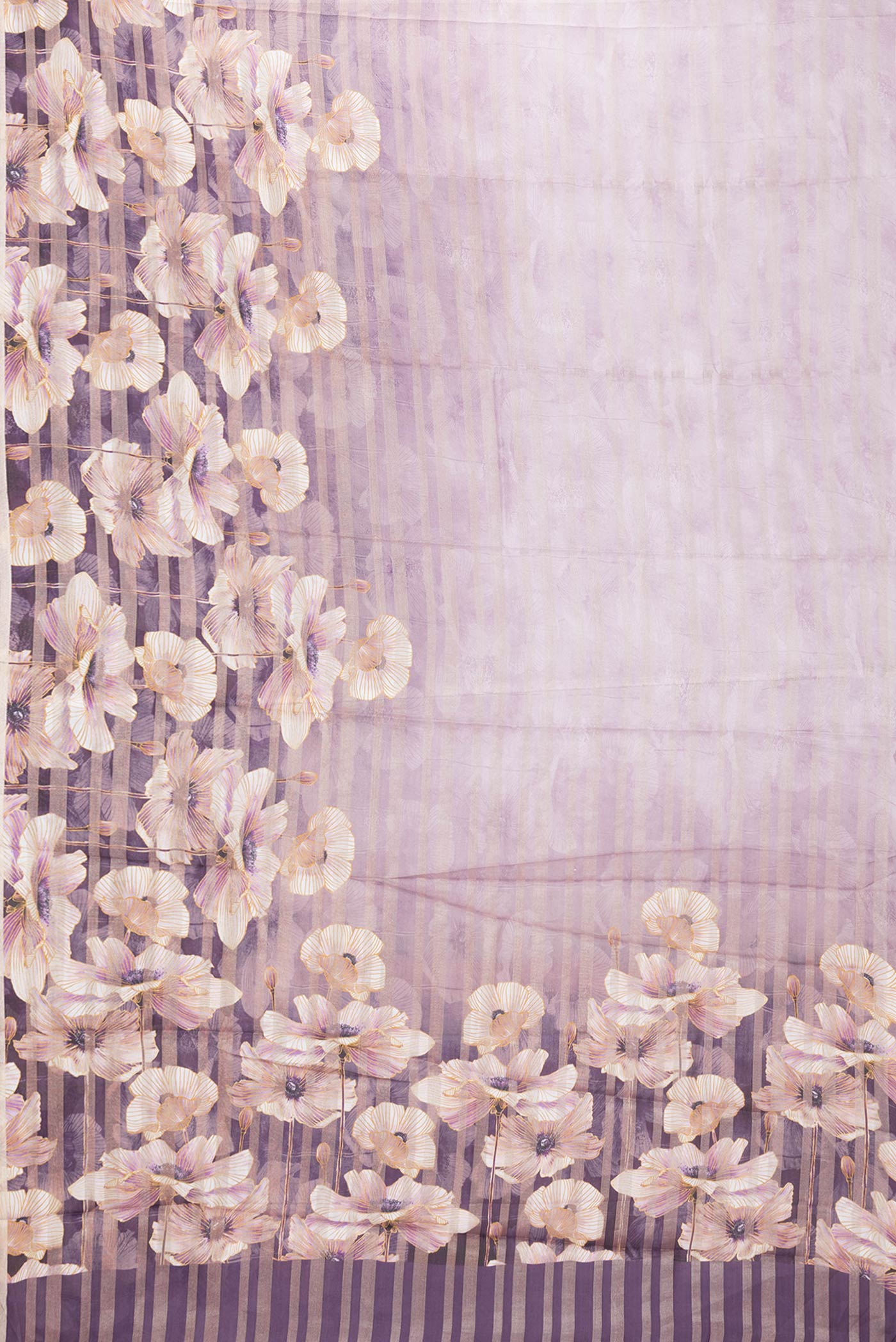 Flat view of Lavender Dual Tone Tussar Silk Saree with Printed design on the body and Zari Border. 