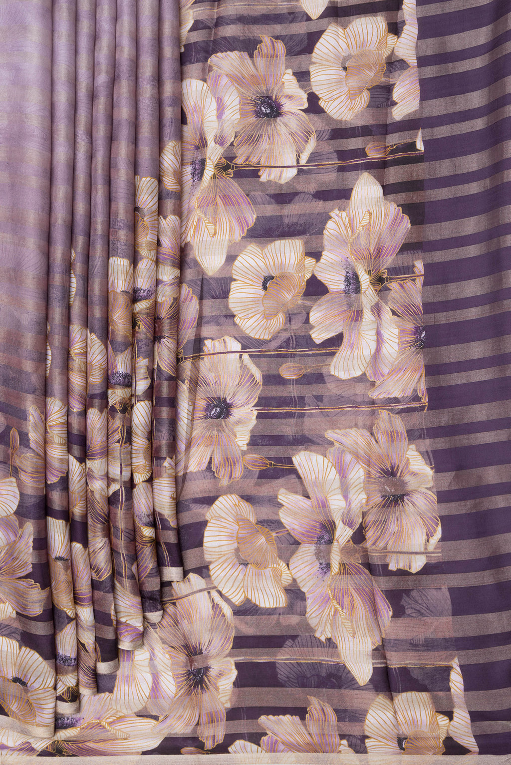 Pleats and pallu of Lavender Dual Tone Tussar Silk Saree with Printed design on the body and Zari Border. 