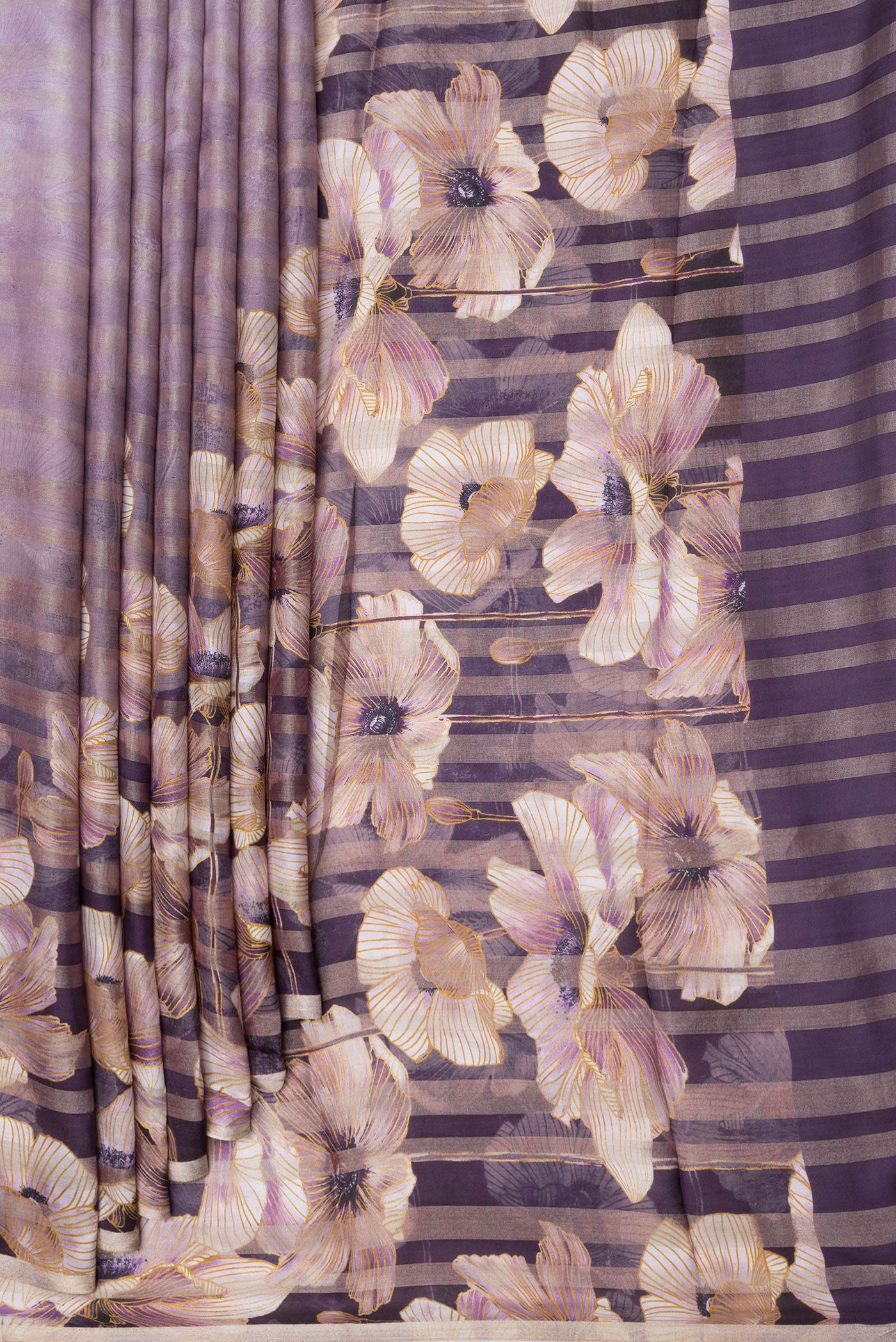 Pleats and pallu of Lavender Dual Tone Tussar Silk Saree with Printed design on the body and Zari Border. 