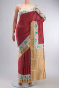 Red Printed Silk Saree with Plain Body and Zari Border displayed on a mannequin