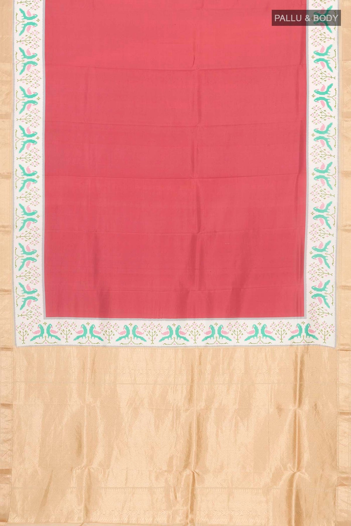 Flat view of Red Printed Silk Saree with Plain Body and Zari Border