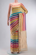 Multi Color Printed Silk Saree with Printed design on the body and Zari Border displayed on a mannequin