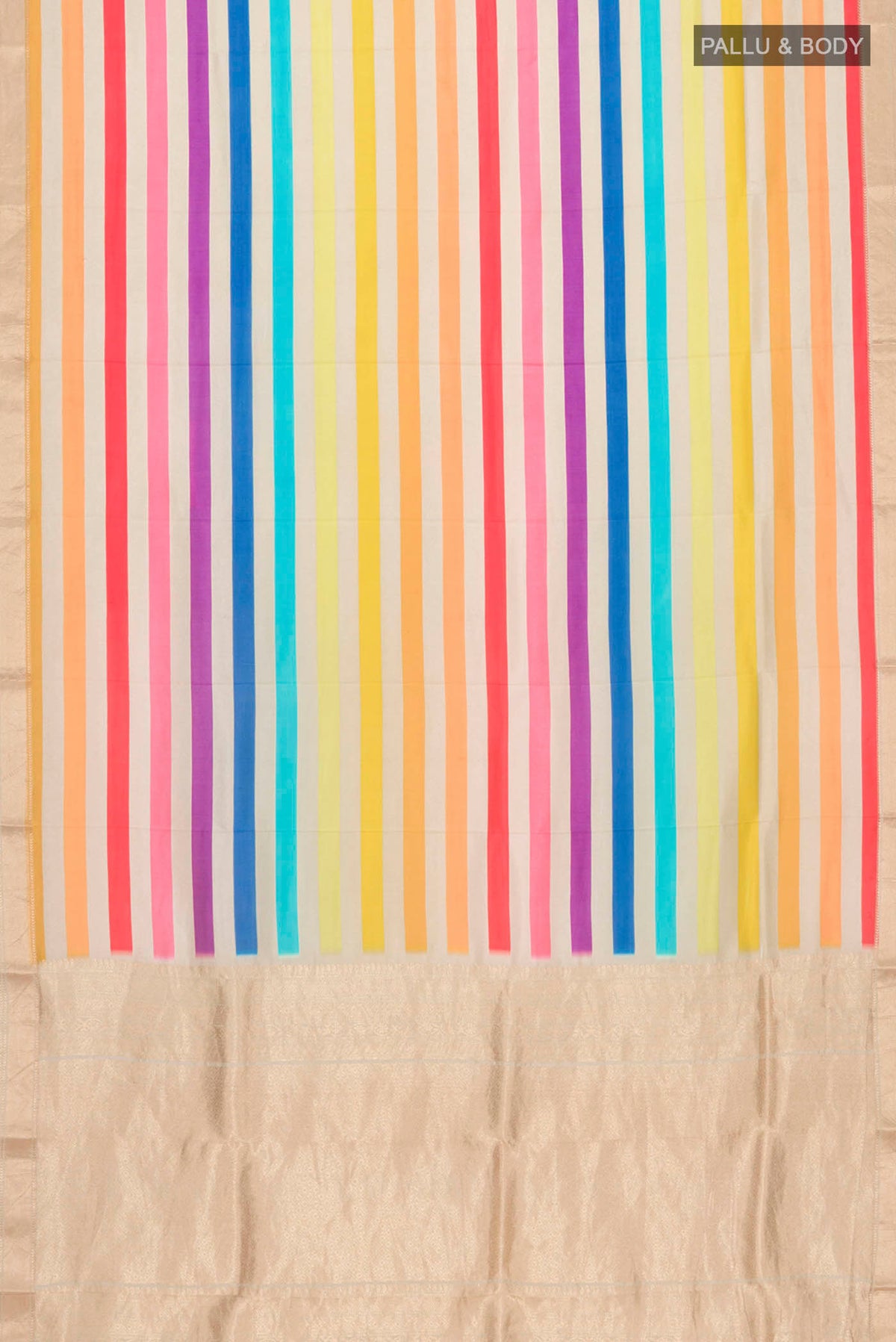 Flat view of Multi Color Printed Silk Saree with Printed design on the body and Zari Border
