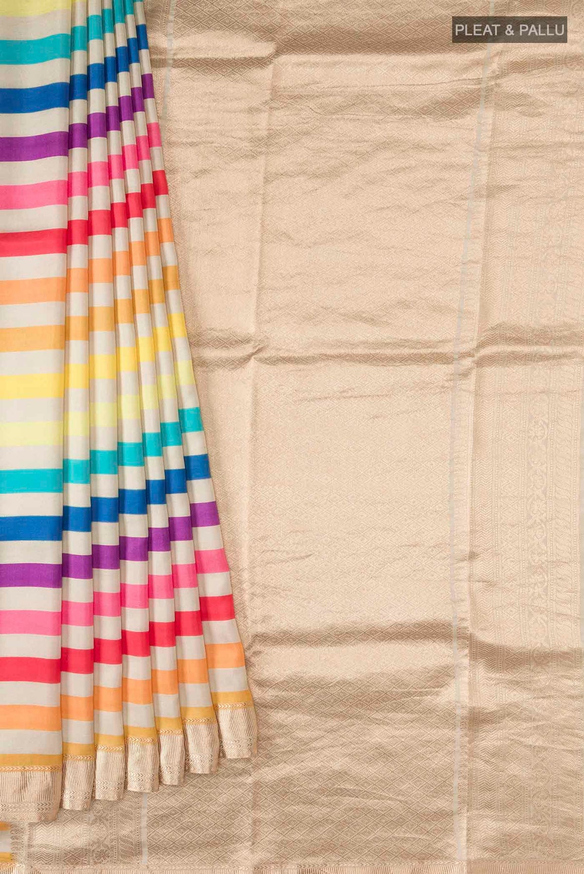 Pleats and pallu of Multi Color Printed Silk Saree with Printed design on the body and Zari Border