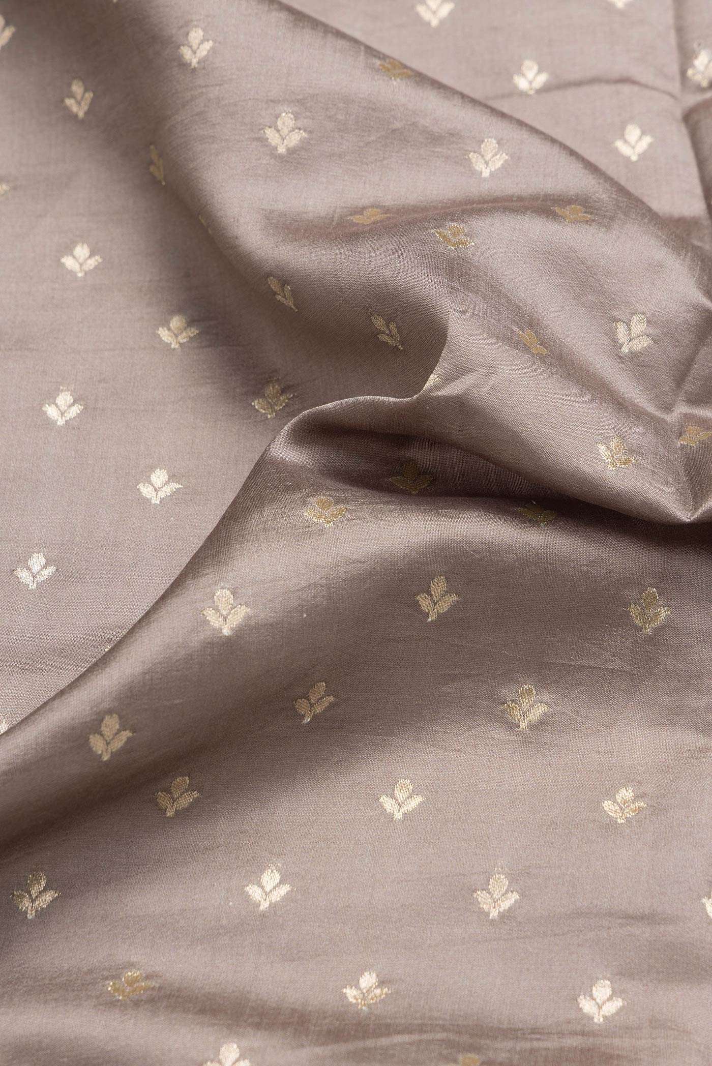 Close up of Grey Dual Tone Tussar Silk Saree with Printed design on the body and Zari Border.  displaying folds