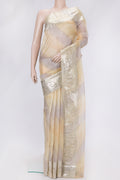Sandal Dual Tone Organza Silk Saree with Zari Brocade on the body and Embroidery Border.  displayed on a mannequin