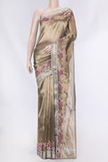 Gold Dual Tone Organza Silk Saree with Plain Body and Embroidery Border displayed on a mannequin