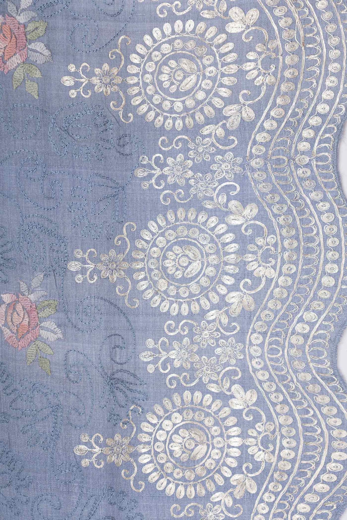 Border image of Blue Grey Tussar Silk Saree with Embroidery on the body and Embroidery Border