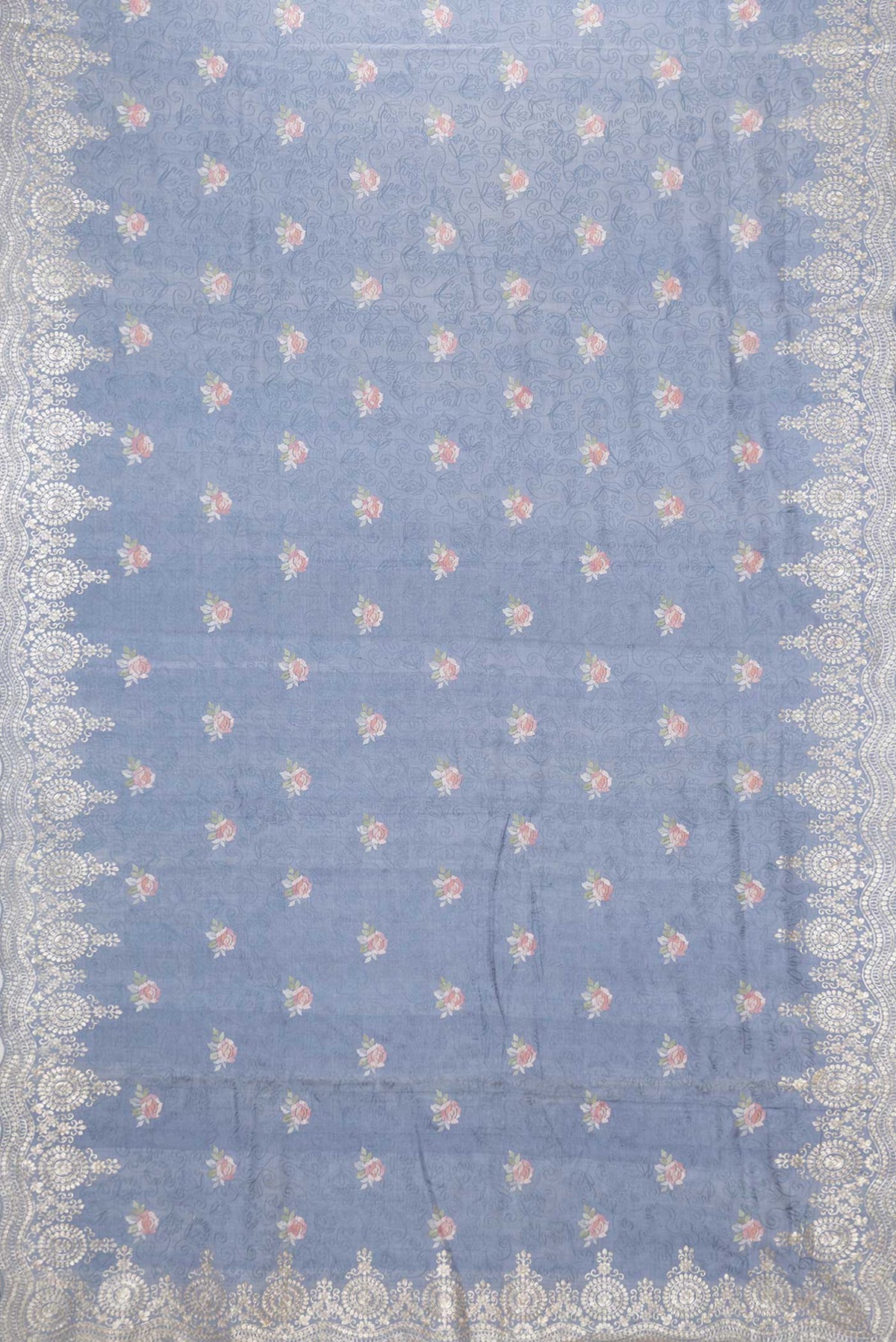 Flat view of Blue Grey Tussar Silk Saree with Embroidery on the body and Embroidery Border