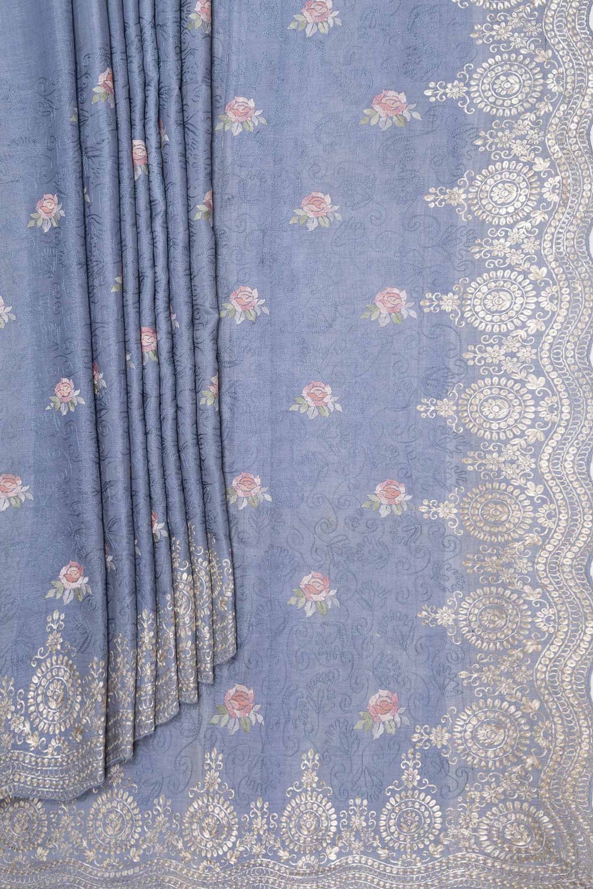 Pleats and pallu of Blue Grey Tussar Silk Saree with Embroidery on the body and Embroidery Border
