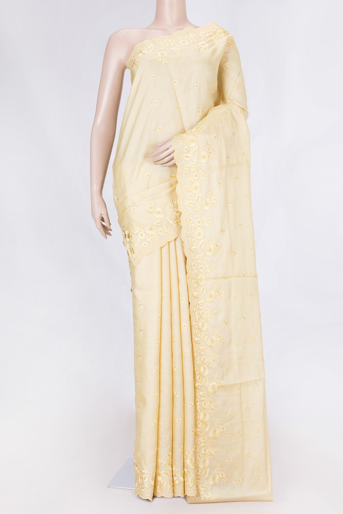 Sandal Dual Tone Tussar Saree with Embroidery on the body and Embroidery Border displayed on a mannequin