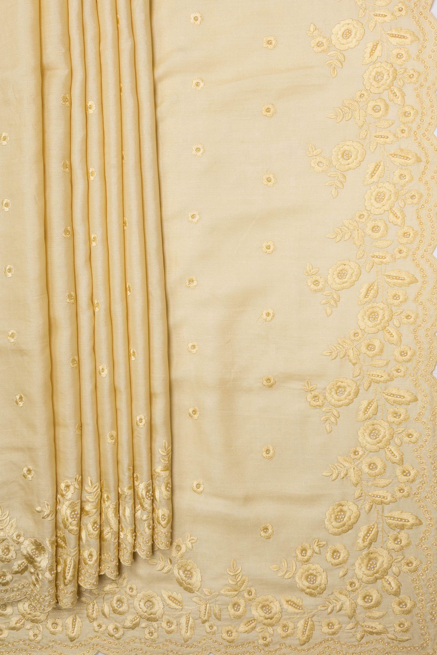 Pleats and pallu of Sandal Dual Tone Tussar Saree with Embroidery on the body and Embroidery Border